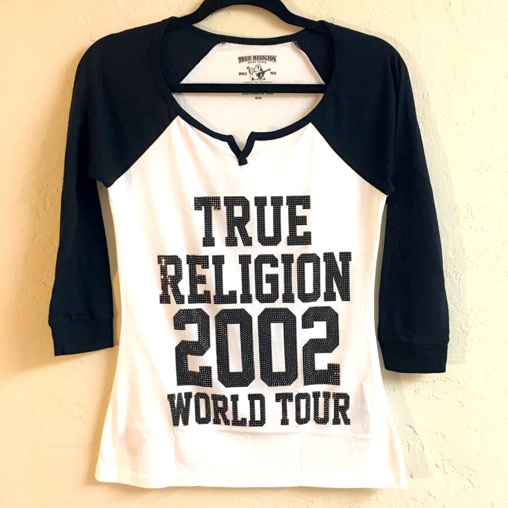 True Religion Rhinestone Graphic T Shirt Size Medium Y2K Vintage Black W…